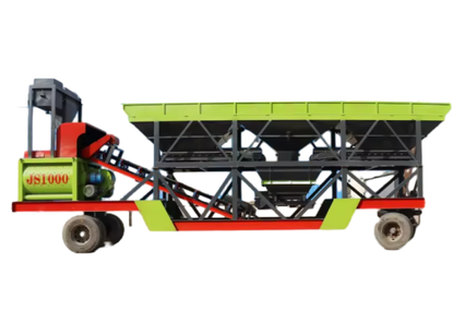 A small mobile concrete plant with an electric motor for the finished mix A small mobile concrete plant with an electric motor for the finished mix