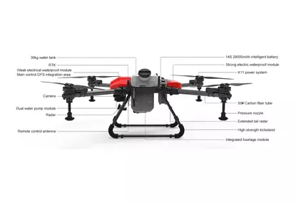 The agricultural drone is 4-axis and has a load capacity of up to 40 kg The agricultural drone is 4-axis and has a load capacity of up to 40 kg