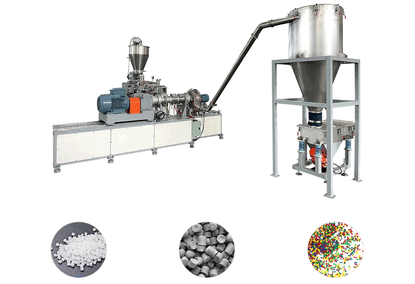 Plastic twin screw extruder-compounder, granulator for masterbatch granules PP, PE, PVC