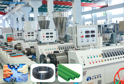 Conical twin screw extruder for the production of PVC pipes, profiles and sheets