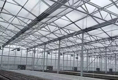 Multi-span glass greenhouse with a single layer of glass