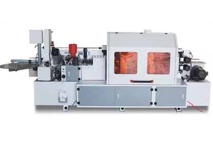 A machine for applying an edge to plywood, beveled and in a straight line at an angle of 45 degrees,