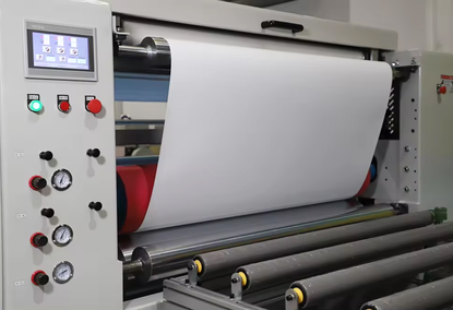 Automatic lamination machine, with hot PUR glue for MDF boards, laminated with PET film