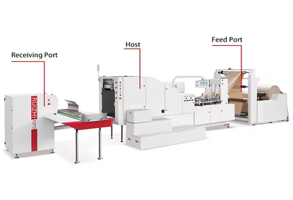 Automatic equipment for the production of flat-bottomed paper bags Automatic equipment for the production of flat-bottomed paper bags