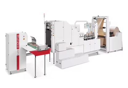 Automatic equipment for the production of flat-bottomed paper bags Automatic equipment for the production of flat-bottomed paper bags