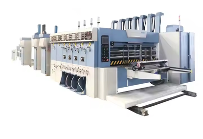 Cardboard box making machine with the function of fluorographic printing, gluing, printing on corrugated cardboard, die cutting and slot cutting Cardboard box making machine with the function of fluorographic printing, gluing, printing on corrugated cardboard, die cutting and slot cutting