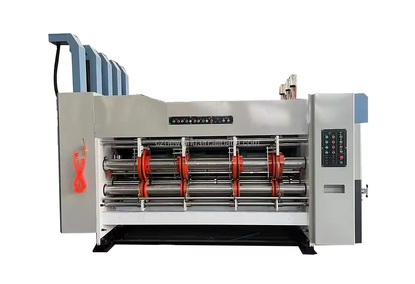 Cardboard box making machine with the function of fluorographic printing, gluing, printing on corrugated cardboard, die cutting and slot cutting Cardboard box making machine with the function of fluorographic printing, gluing, printing on corrugated cardboard, die cutting and slot cutting